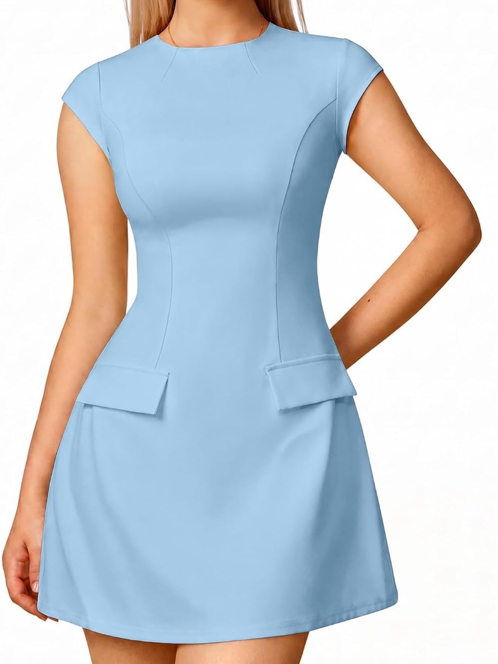 Light Blue Cap-Sleeve Fit & Flare Dress